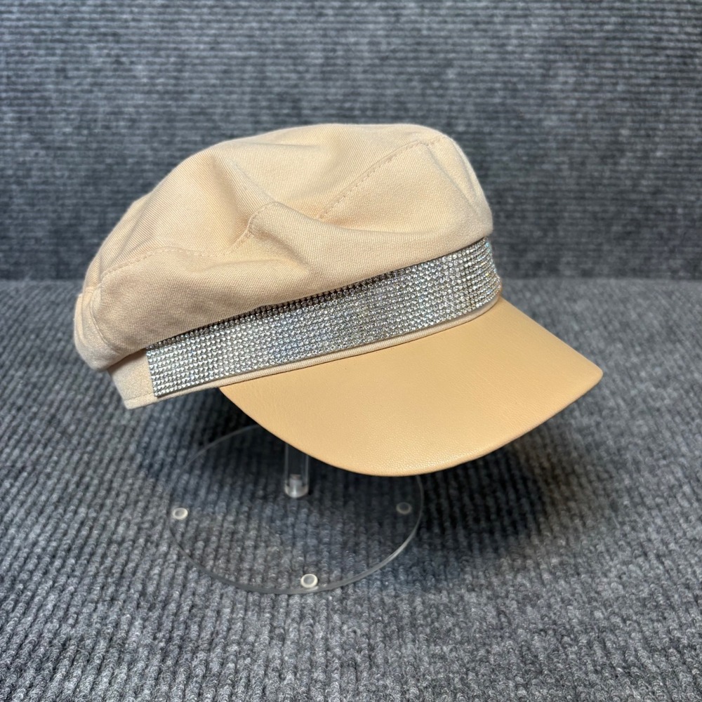 Rhinestone Baker Boy Hat Womens Beige Newsboy Cap Faux Leather Brim Y2K Bling